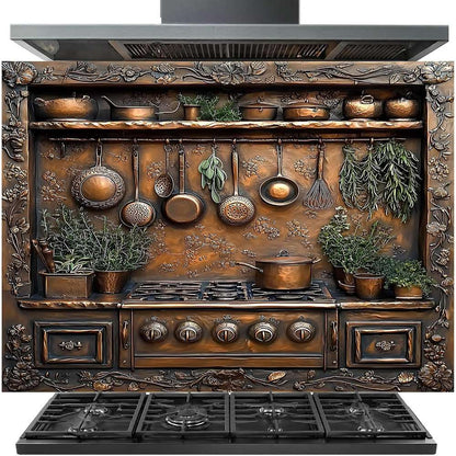 A large decorative copper-toned range hood and gas range set against a plain white background. The cooktop features ornate embossed floral and leaf patterns, hanging copper pots, potted herbs, and a matching range hood above.