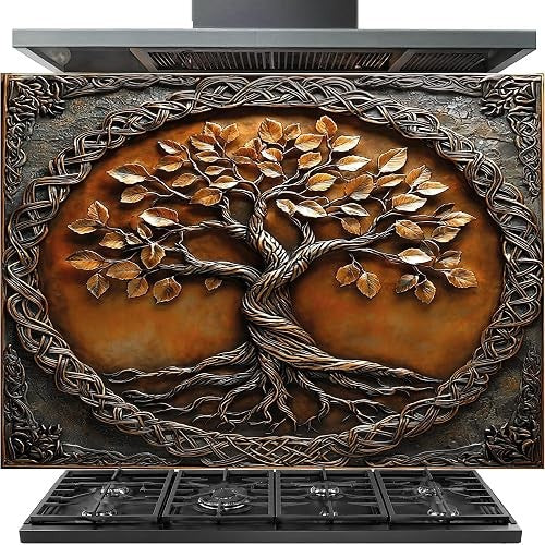 A decorative wall-mounted range hood and vent cover featuring a large embossed tree of life design with metallic bronze and copper tones, shown installed above a black gas range hood and cooktop.