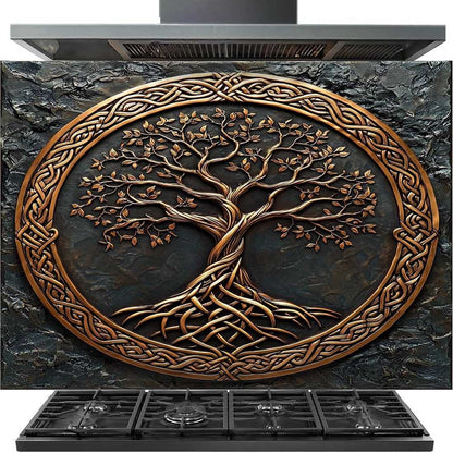 A large rectangular range hood insert featuring a raised Celtic-style tree of life design in metallic bronze tones over a dark textured stone-look background, shown installed above a black gas range cooktop.