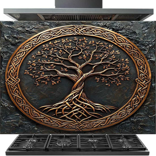 A large rectangular range hood insert featuring a raised Celtic-style tree of life design in metallic bronze tones over a dark textured stone-look background, shown installed above a black gas range cooktop.