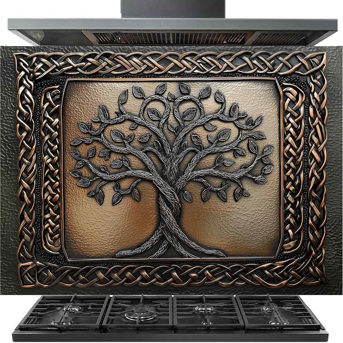 A freestanding gas range hood and cooktop set with a decorative front panel featuring a raised tree of life motif over a textured bronze-brown background, surrounded by an ornate braided border. The cooktop has four burners, and a black range hood is visible above.