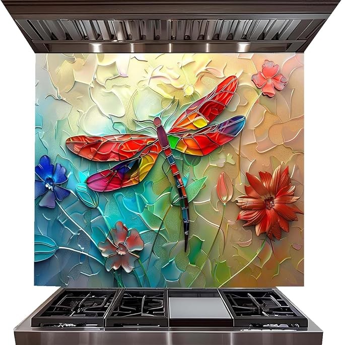 A colorful kitchen backsplash tile featuring a 3D textured relief design of a dragonfly with red, orange, and blue wings, surrounded by red and blue flowers on a yellow and blue background, installed above a stainless steel gas range.