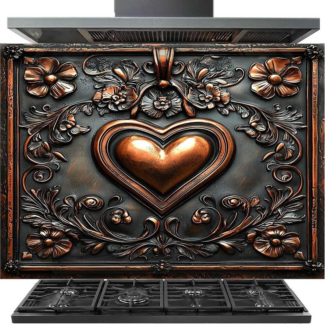 A decorative freestanding cooktop or range hood unit with a large embossed heart motif and floral scrollwork in a dark metallic finish. The front has a central raised copper-toned heart surrounded by floral and vine details, with black grates visible along the bottom and a dark metallic top section above.