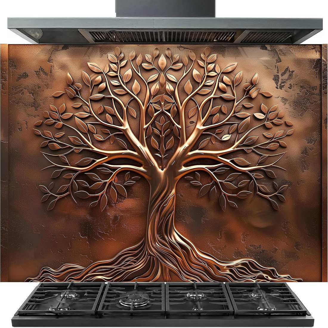 A decorative copper-toned metal backsplash panel featuring a raised tree of life design, shown installed behind a black gas range hood and cooktop on a white background.