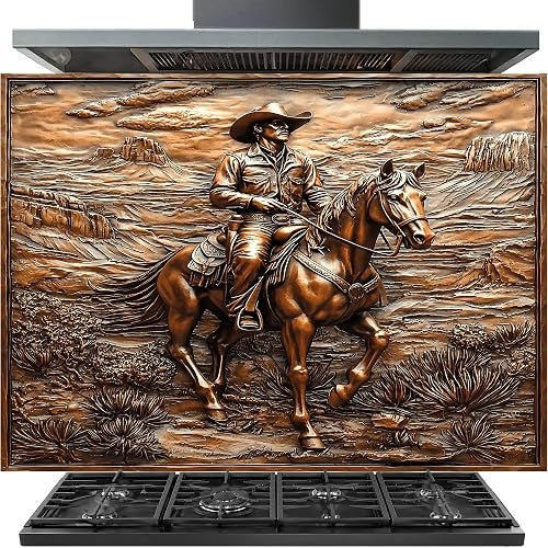 A large stainless steel range hood with a decorative bronze-finished front panel featuring a detailed relief sculpture of a cowboy riding a horse through a desert landscape. Below the hood is a black gas range stove.