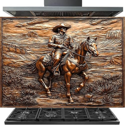 A large stainless steel range hood with a decorative bronze-finished front panel featuring a detailed relief sculpture of a cowboy riding a horse through a desert landscape. Below the hood is a black gas range stove.