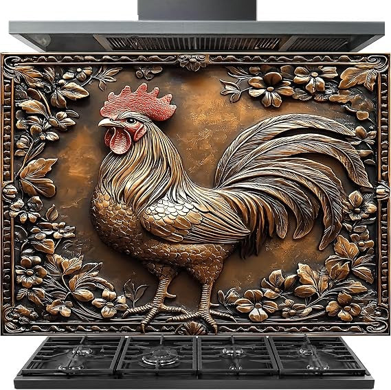 A large decorative cooktop panel featuring a raised rooster and floral design in metallic bronze tones, shown installed above a black gas stovetop with a matching black range hood above.