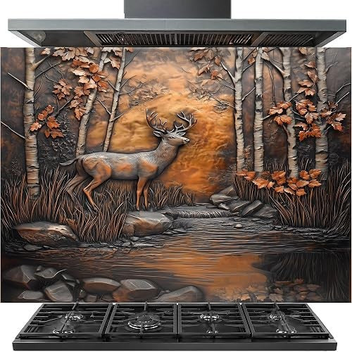 A gas range hood and matching cooktop set with a large decorative backsplash featuring a 3D-effect autumn forest scene with a deer, birch trees, and an orange sunset glow.