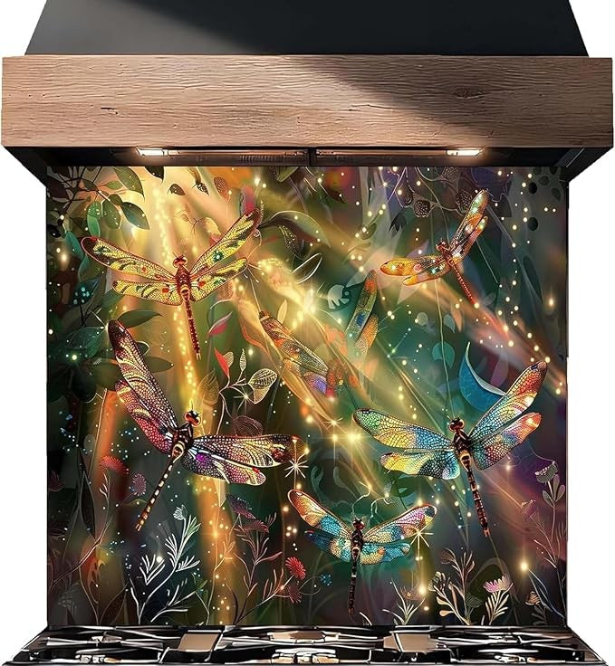 A decorative kitchen backsplash panel featuring a vibrant, colorful print of dragonflies, glowing fireflies, and foliage over a dark background, installed behind a gas stove.