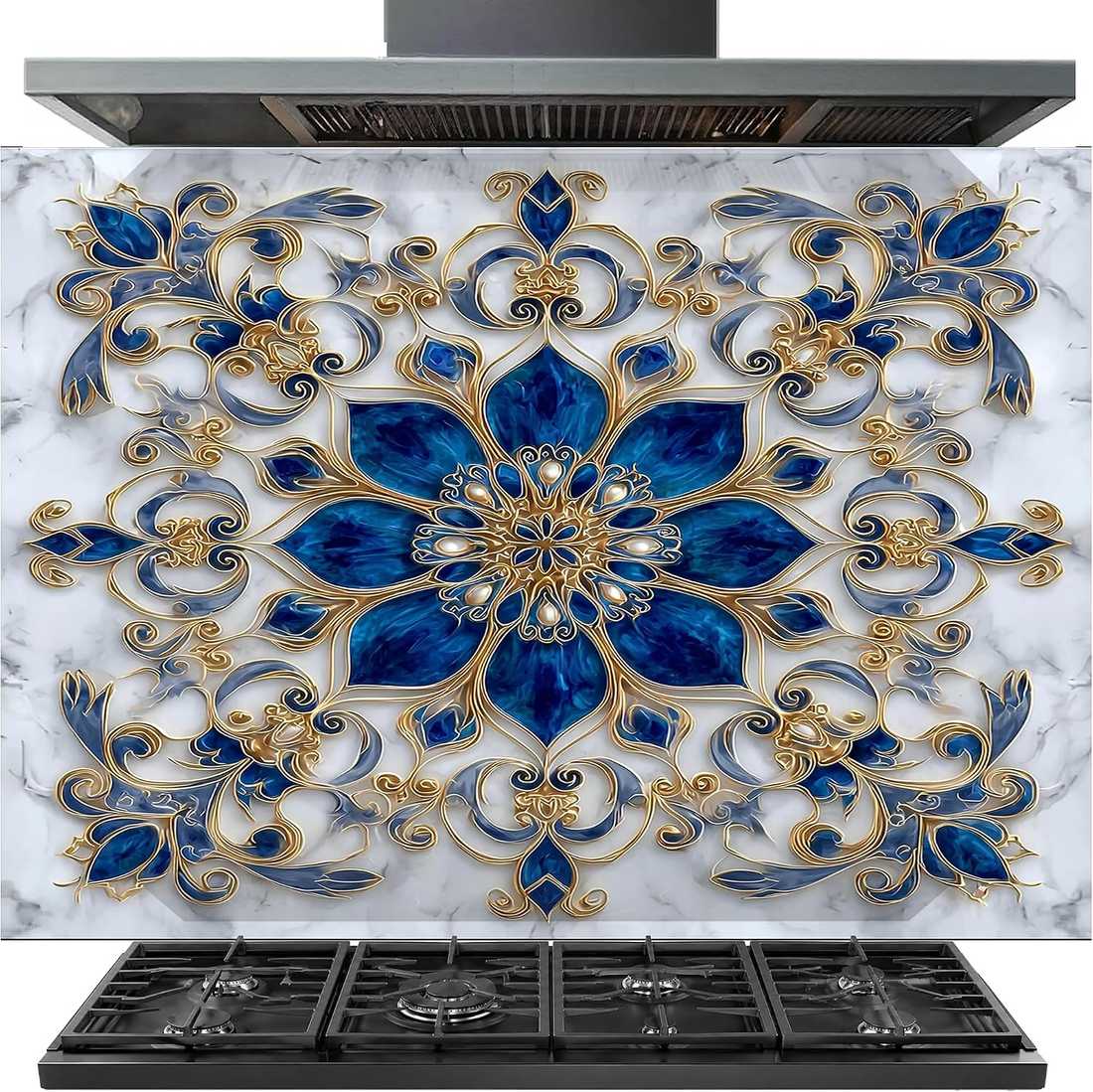 A decorative kitchen backsplash tile featuring an ornate blue and gold mandala design over a white marble background, shown installed above a black gas range.