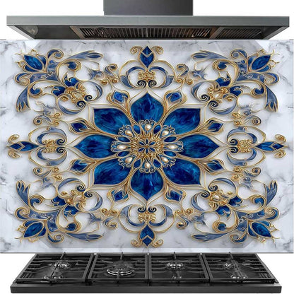 A decorative kitchen backsplash tile featuring an ornate blue and gold mandala design over a white marble background, shown installed above a black gas range.