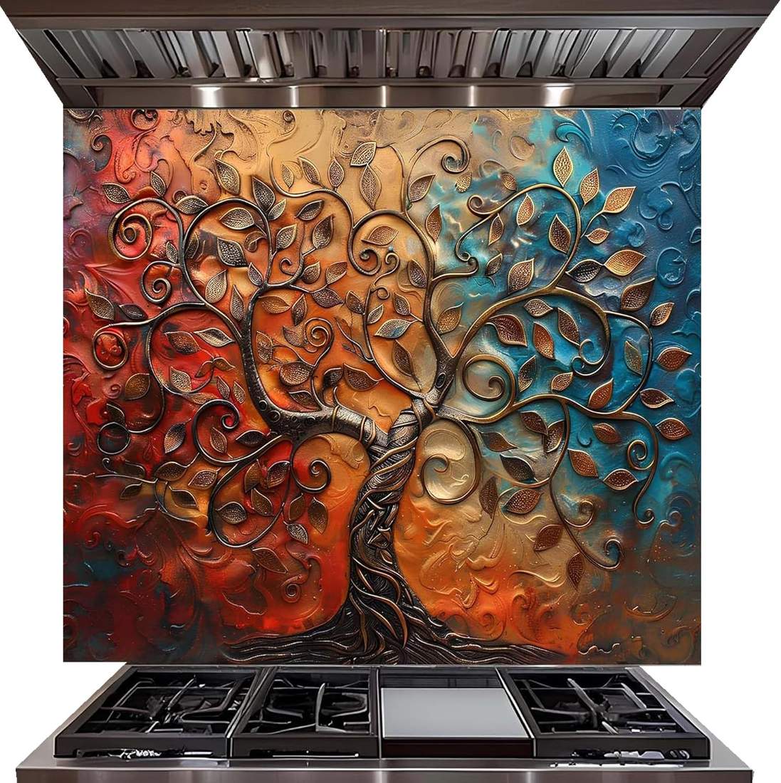 A large decorative wall panel or backsplash featuring a raised tree of life design in warm red, orange, and brown tones on the left, transitioning through gold and brown into cool blue and teal on the right. The panel is shown installed above a stainless steel gas range with a matching stainless steel range hood visible at the top.