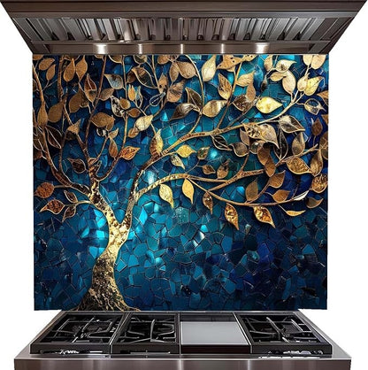 A large decorative mosaic backsplash tile featuring a stylized tree of life with metallic gold leaves and branches over a deep blue and teal tiled background, installed behind a stainless steel gas range.