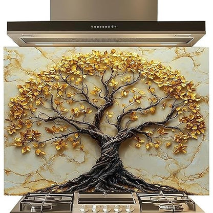 A decorative kitchen backsplash tile featuring a large 3D-style tree of life with gold metallic leaves and a dark brown trunk, set against a beige marble-look background. Stainless steel range hood and gas stovetop are shown above and below the tile.