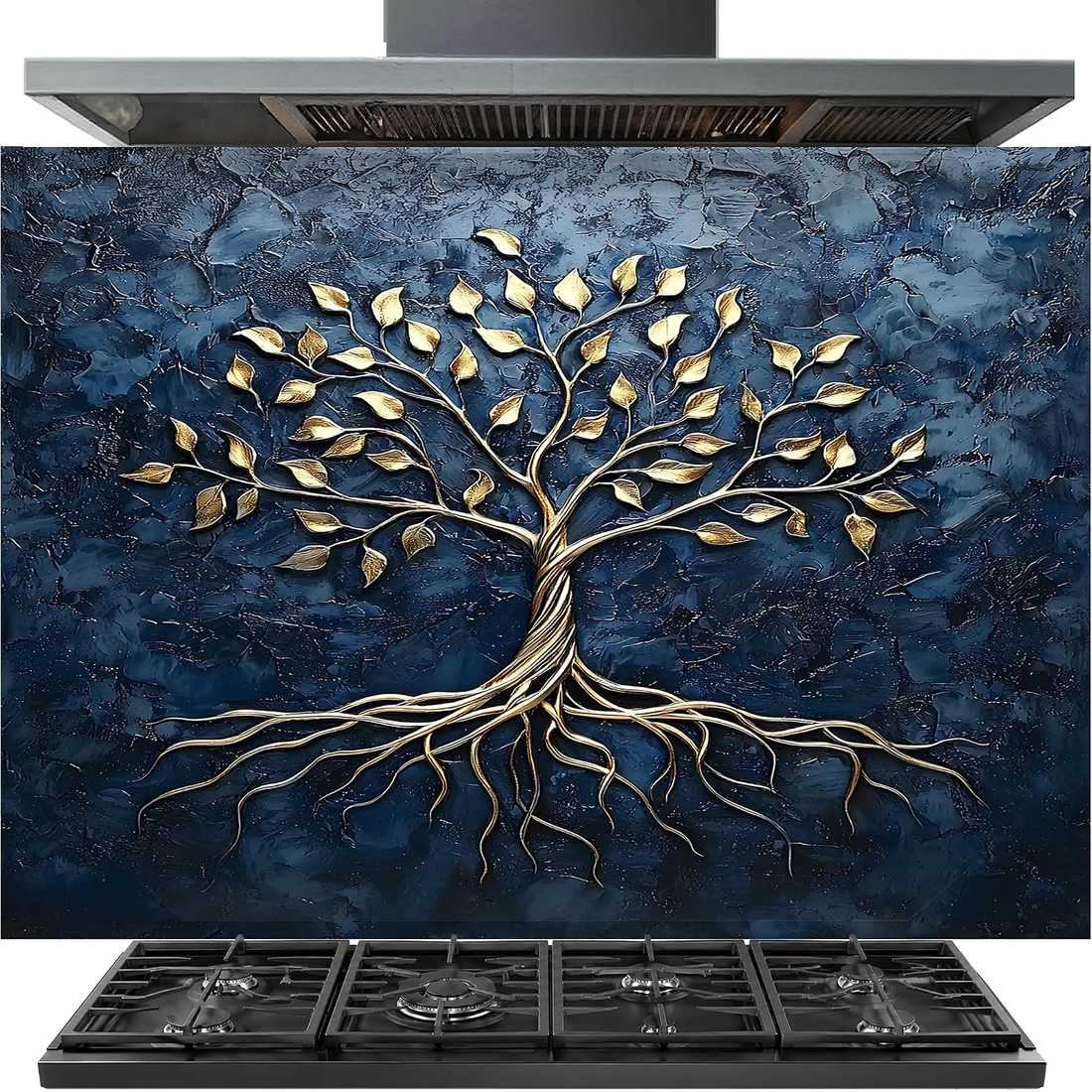 A large stainless steel range hood installed above a gas stove, featuring a decorative dark blue textured backsplash with a raised metallic gold tree of life design.