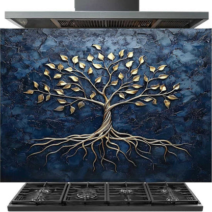 A large stainless steel range hood installed above a gas stove, featuring a decorative dark blue textured backsplash with a raised metallic gold tree of life design.