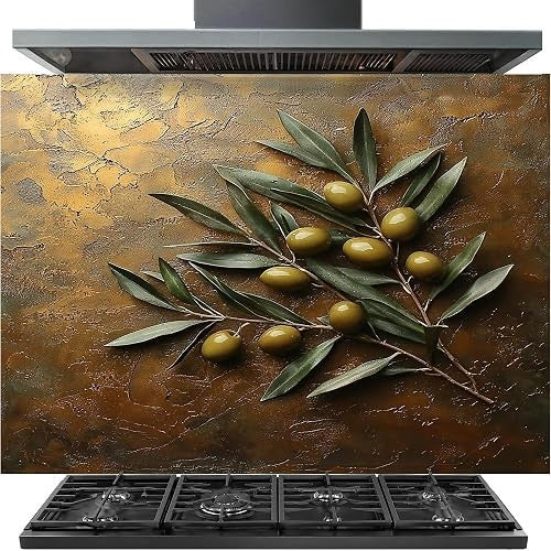 A stainless steel range hood installed above a gas stovetop cooktop, featuring a decorative backsplash with a textured metallic bronze and gold design and an olive branch motif with green olives.