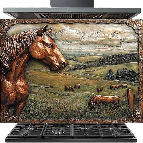 A decorative range hood cover or backsplash panel featuring a large brown horse head over a pastoral landscape with grazing cattle, shown installed above a black gas stove.