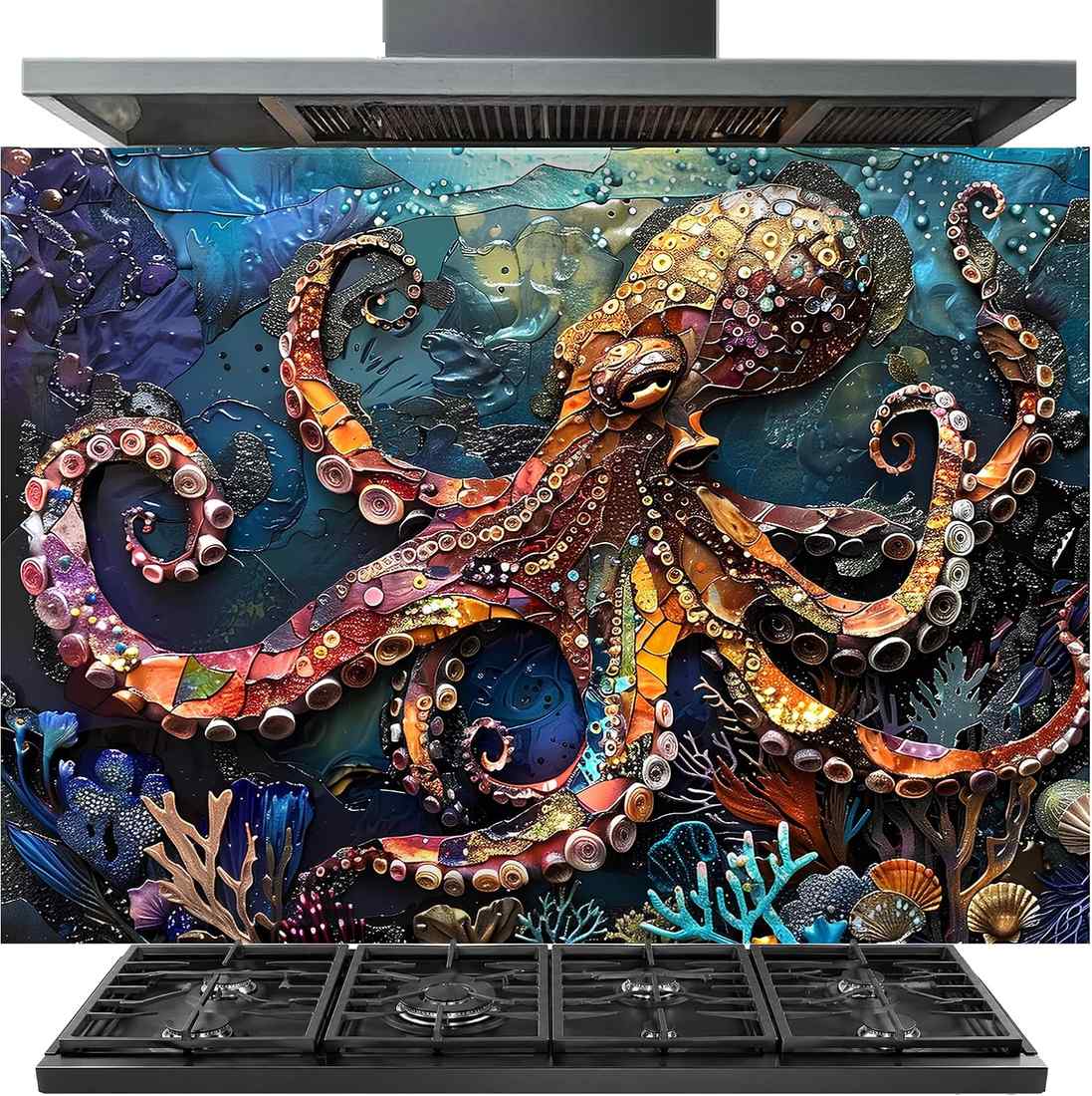 A kitchen backsplash tile featuring a highly detailed, colorful 3D-style artwork of an octopus in an underwater ocean scene, shown installed behind a black gas range stove.