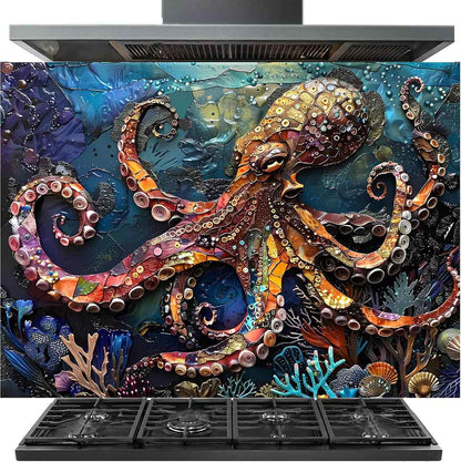 A kitchen backsplash tile featuring a highly detailed, colorful 3D-style artwork of an octopus in an underwater ocean scene, shown installed behind a black gas range stove.