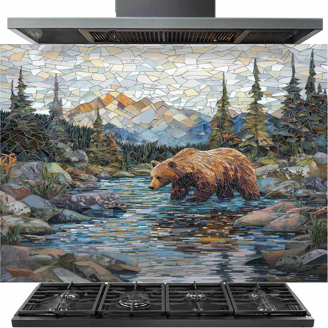 A stainless steel gas range hood with a large mosaic tile backsplash depicting a brown bear walking through a rocky stream with mountains and pine trees in the background, shown above a black gas cooktop.