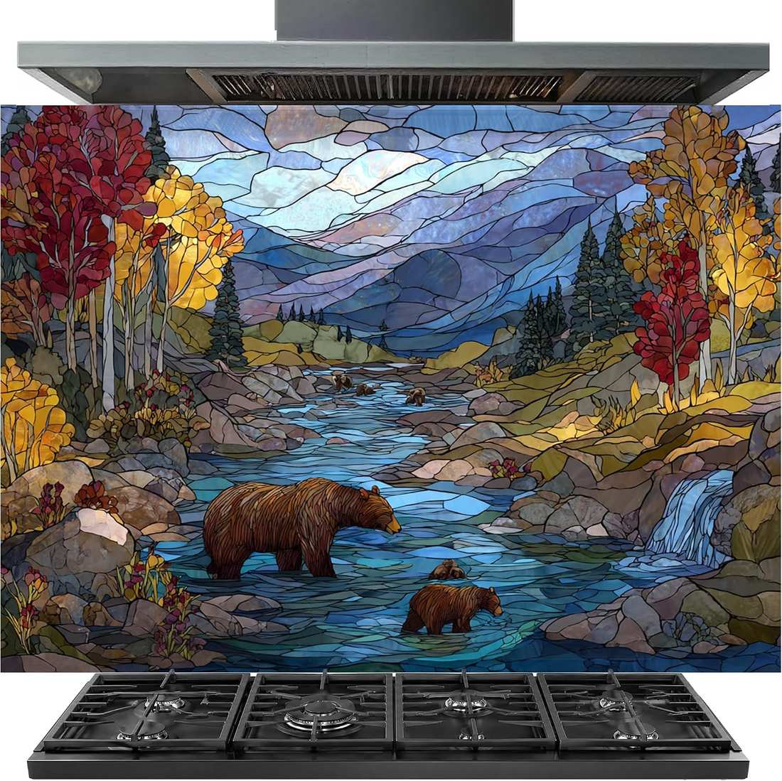 A gas range hood and cooktop set with a large stained-glass style backsplash depicting an autumn mountain stream scene with bears, trees in red, yellow, and blue, and a black stainless steel hood and cooktop.