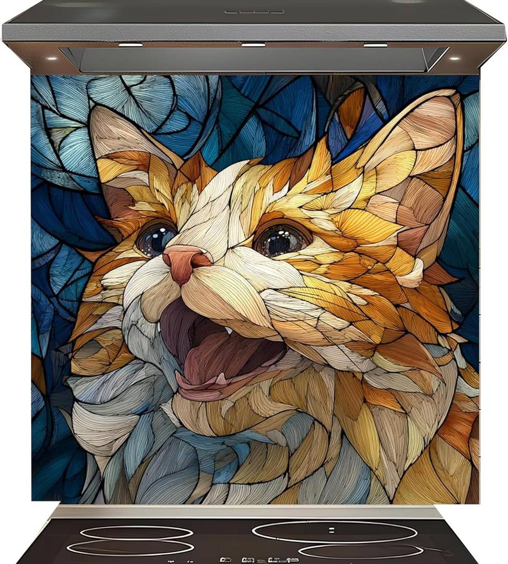 A decorative kitchen backsplash tile featuring a stained-glass style illustration of a ginger cat's face in shades of orange, cream, and blue.