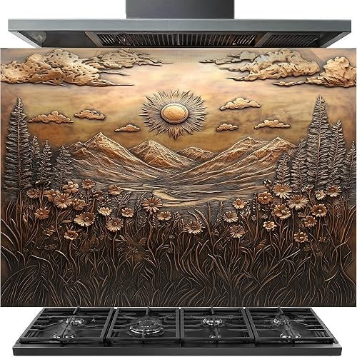 A large decorative stainless steel range hood shield featuring a raised outdoor landscape design with mountains, trees, wildflowers, clouds, and a sun in warm bronze and brown tones, shown above a black gas range.