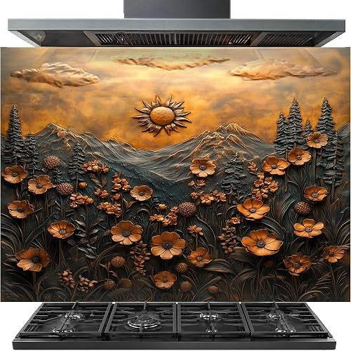 A large kitchen range hood and gas cooktop set against a decorative wall panel featuring a 3D-style mountain landscape with flowers, trees, clouds, and a sun in warm gold, bronze, and dark brown tones.