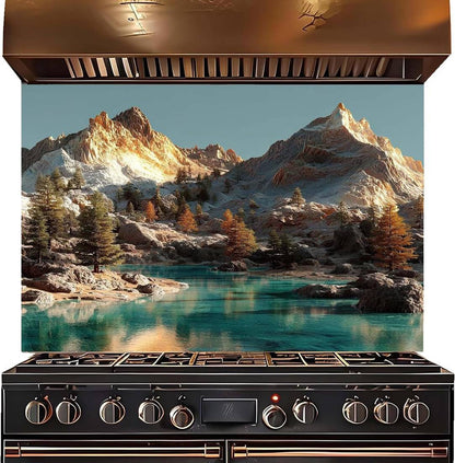 A black gas range stove with a large copper-colored hood and a scenic mountain lake backsplash showing snow-capped peaks, trees, and turquoise water.