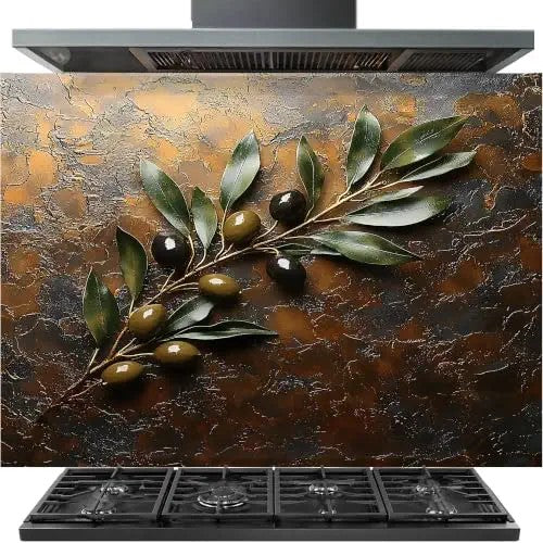 A gas range hood and cooktop set with a large textured backsplash featuring a realistic olive branch design in dark brown, bronze, and black tones.