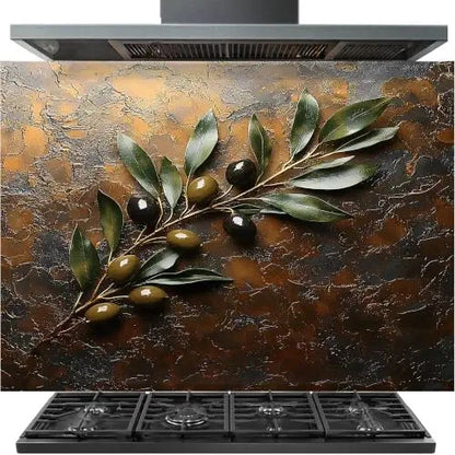 A gas range hood and cooktop set with a large textured backsplash featuring a realistic olive branch design in dark brown, bronze, and black tones.