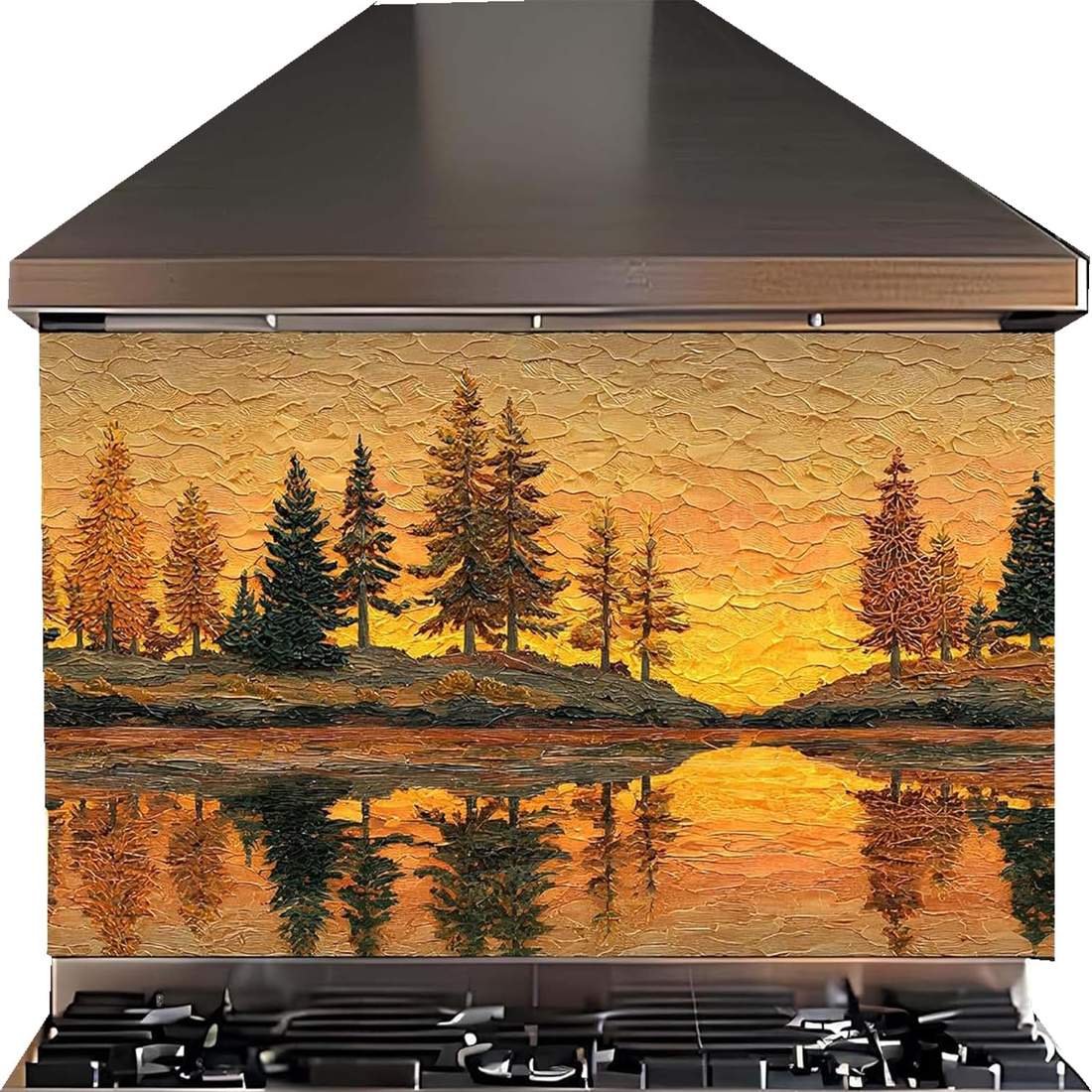 A stainless steel range hood with a decorative glass splash guard featuring a textured oil-painted landscape of pine trees and a golden sunset reflected in water.