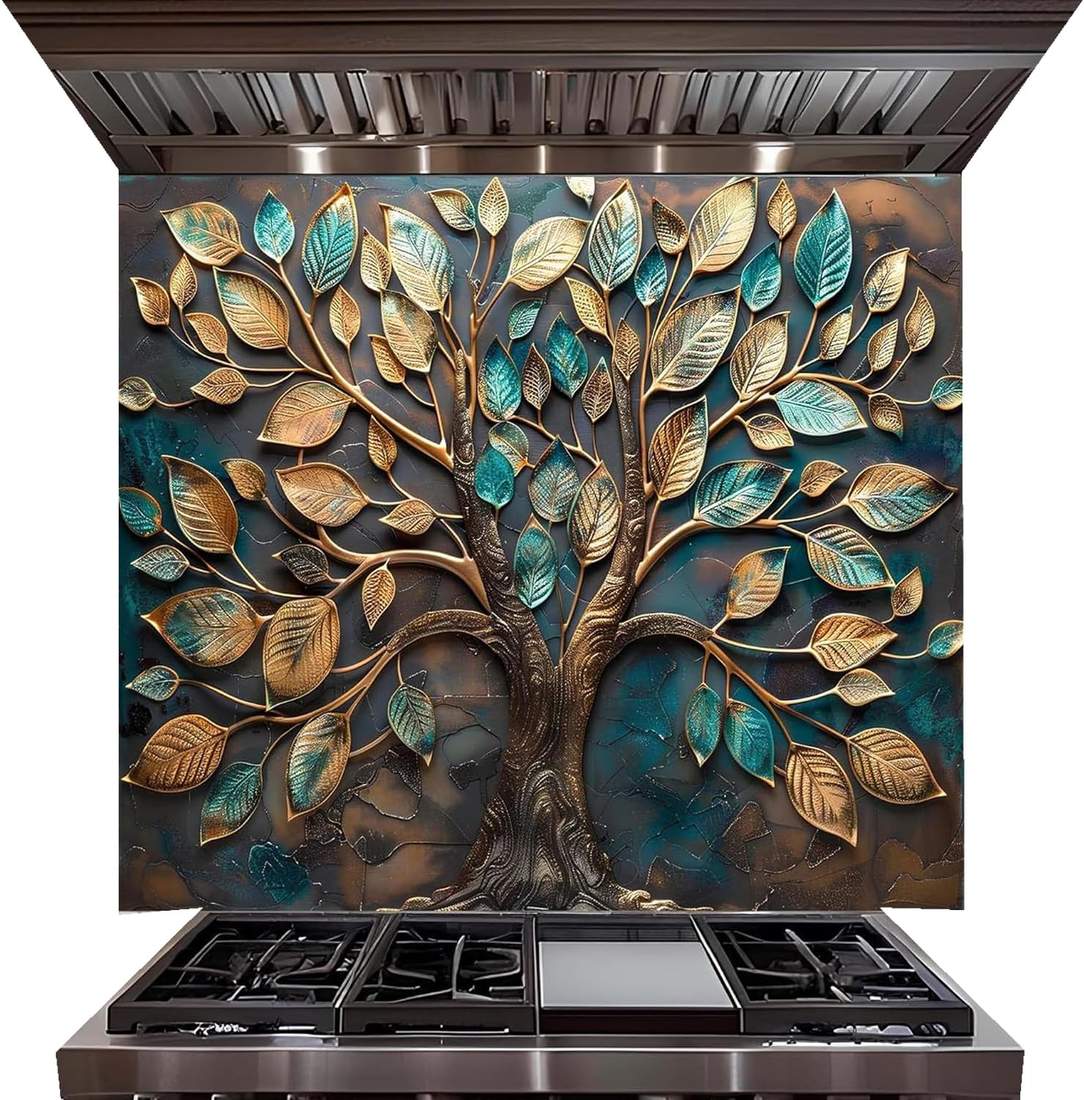 A large decorative kitchen backsplash panel featuring a raised tree of life design in metallic bronze and turquoise tones, installed behind a stainless steel gas range.