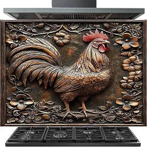 A decorative bronze-finished range hood cover featuring a large embossed rooster and floral scrollwork, shown installed above a black gas stove.