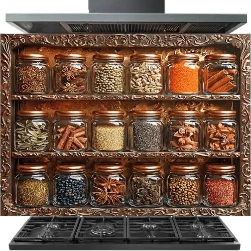 A decorative kitchen spice rack display with multiple clear glass jars filled with assorted spices and herbs, arranged on ornate copper-toned shelves. A black stovetop burner base and dark range hood are visible above and below the rack.