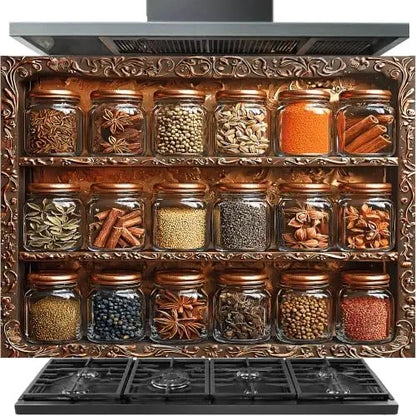 A decorative kitchen spice rack display with multiple clear glass jars filled with assorted spices and herbs, arranged on ornate copper-toned shelves. A black stovetop burner base and dark range hood are visible above and below the rack.