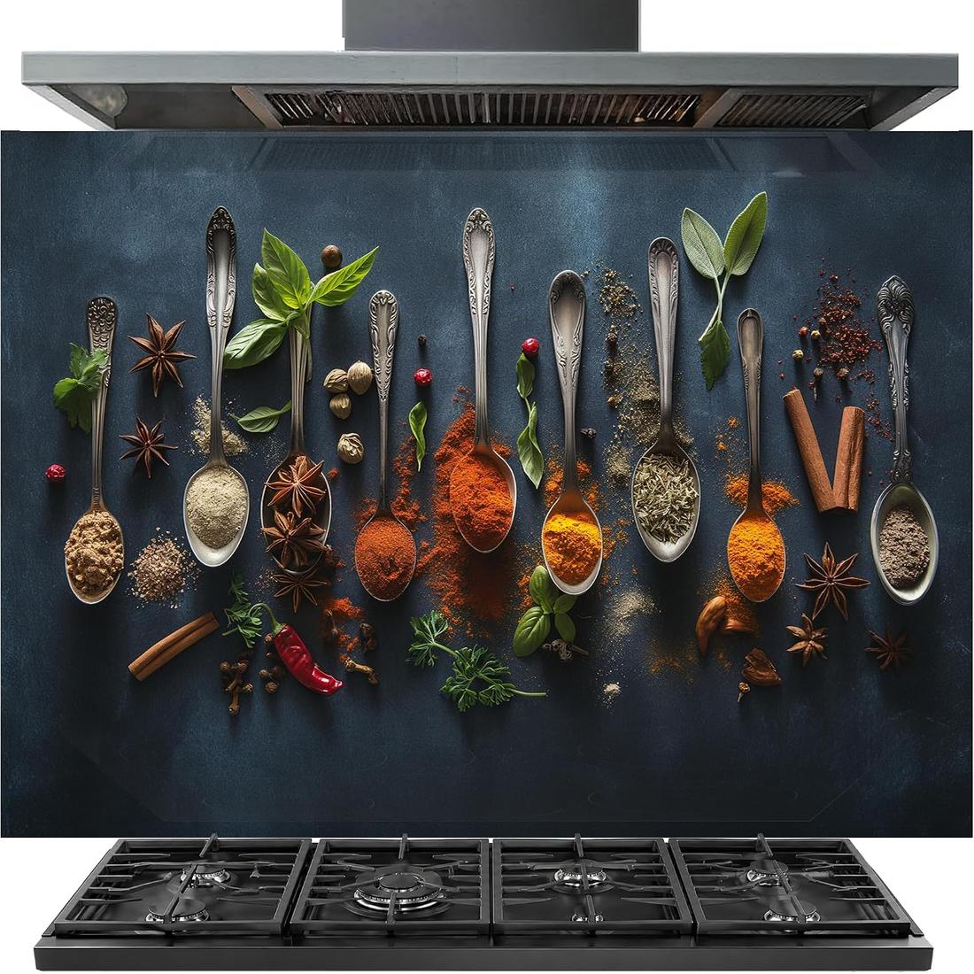 A large decorative backsplash tile or wall mural featuring an artistic flat lay of various spices, herbs, and whole spices arranged in silver spoons on a dark slate-blue background, shown installed above a black gas range stove.