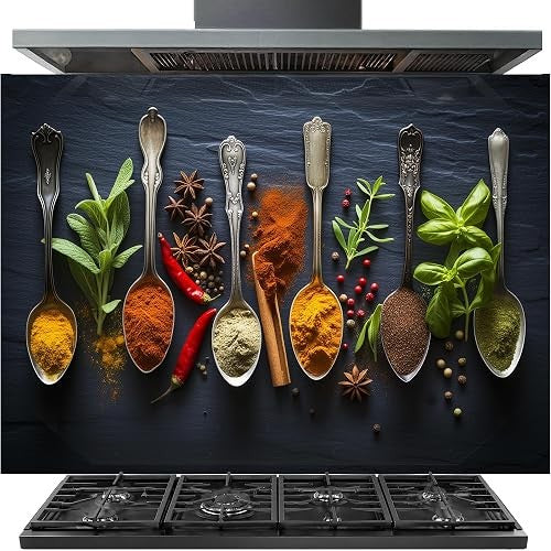 A stainless steel gas range hood mounted above a black gas stovetop cooktop, with a large dark backsplash featuring decorative silver spoons filled with colorful spices, herbs, and chili peppers.