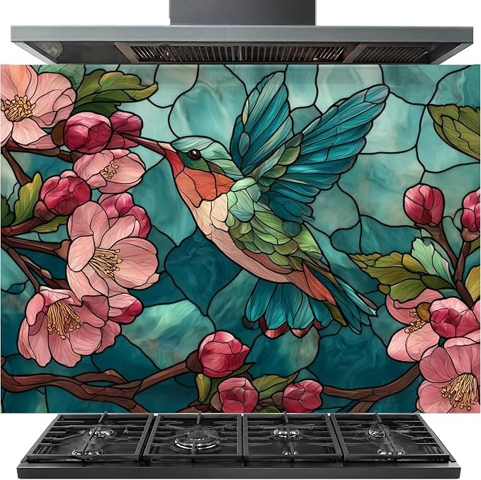 A gas range hood and cooktop set shown against a decorative backsplash featuring a stained-glass-style design of a hummingbird in teal and green with pink blossoms on a blue background.