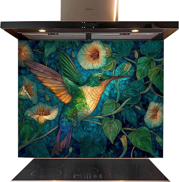 A modern black range hood installed above a black induction cooktop, featuring a large stained-glass style back panel with a colorful hummingbird and green leaves.