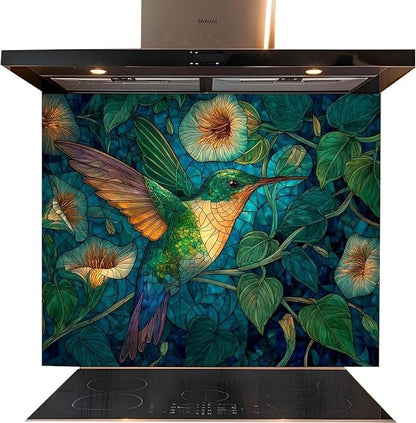 A modern black range hood installed above a black induction cooktop, featuring a large stained-glass style back panel with a colorful hummingbird and green leaves.
