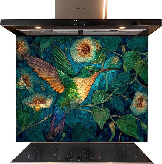 A modern black range hood installed above a black induction cooktop, featuring a large stained-glass style back panel with a colorful hummingbird and green leaves.