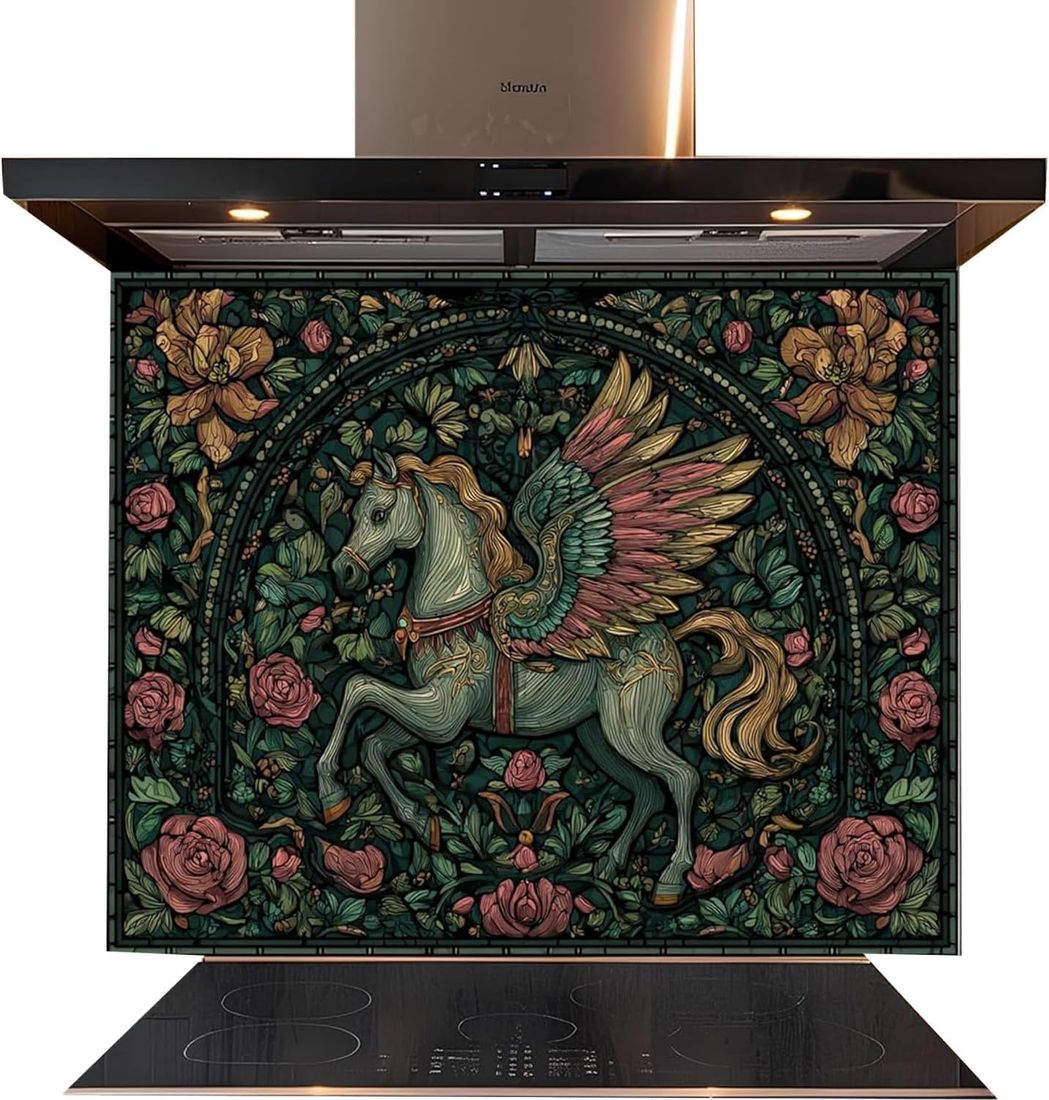A decorative kitchen range hood and cooktop set with a large Arts and Crafts style wall panel featuring a green winged horse, pink roses, and floral motifs on a black cooktop and range hood.