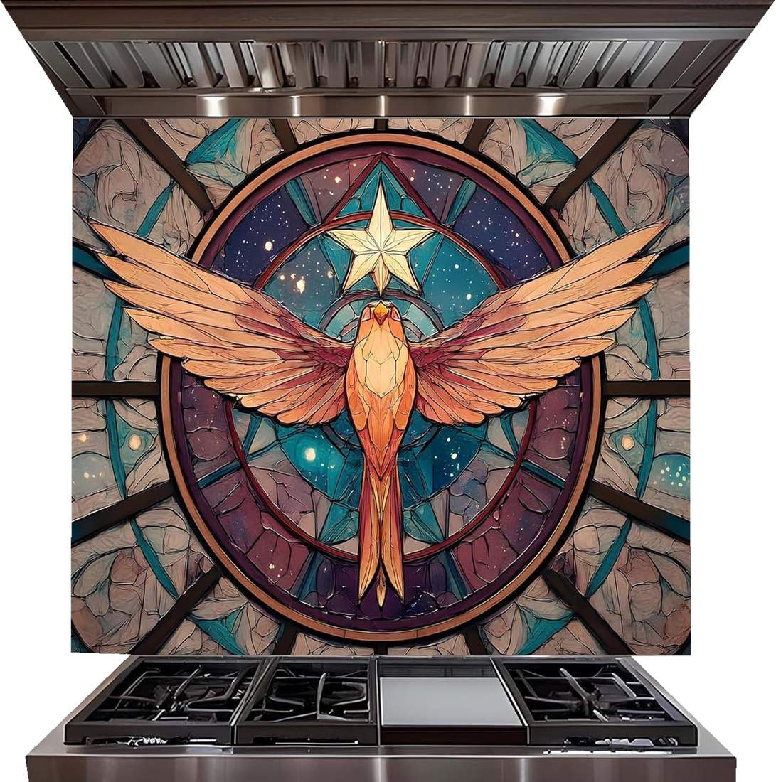 A large decorative wall mural or backsplash panel mounted above a stainless steel gas range hood. The artwork features a stylized golden bird with spread wings centered within a circular stained-glass-like design, with a star above and blue, purple, teal, and brown geometric sections around it.