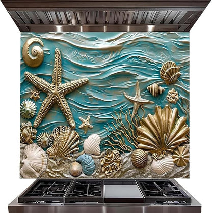 A decorative kitchen backsplash tile featuring an ocean-themed design with raised seashells, starfish, coral, and flowing turquoise water waves, installed above a stainless steel gas range.