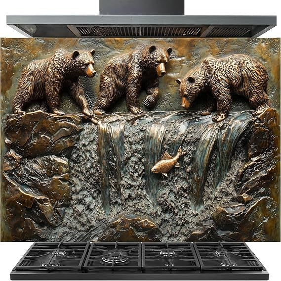 A gas range hood with a large decorative backsplash featuring three brown bears standing on rocks above a waterfall and a fish, shown with a black stovetop cooktop and range hood.