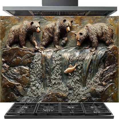 A gas range hood with a large decorative backsplash featuring three brown bears standing on rocks above a waterfall and a fish, shown with a black stovetop cooktop and range hood.