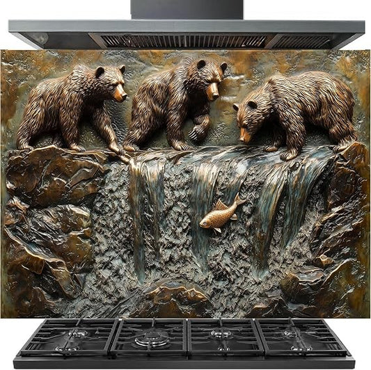 A gas range hood with a large decorative backsplash featuring three brown bears standing on rocks above a waterfall and a fish, shown with a black stovetop cooktop and range hood.