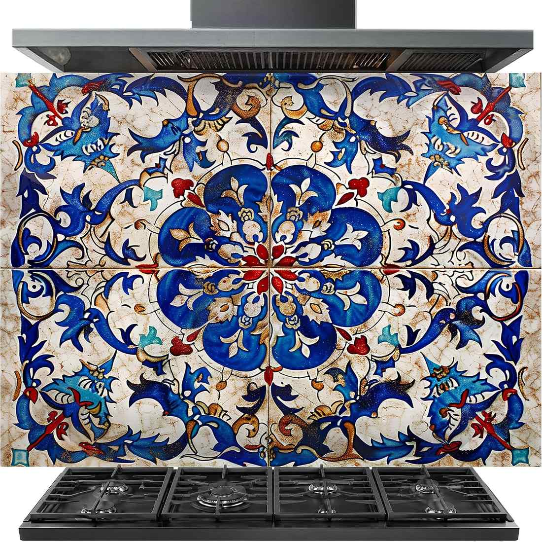 A decorative kitchen backsplash tile panel with a detailed blue, red, and beige floral tile pattern, shown installed behind a black gas range and cooktop.